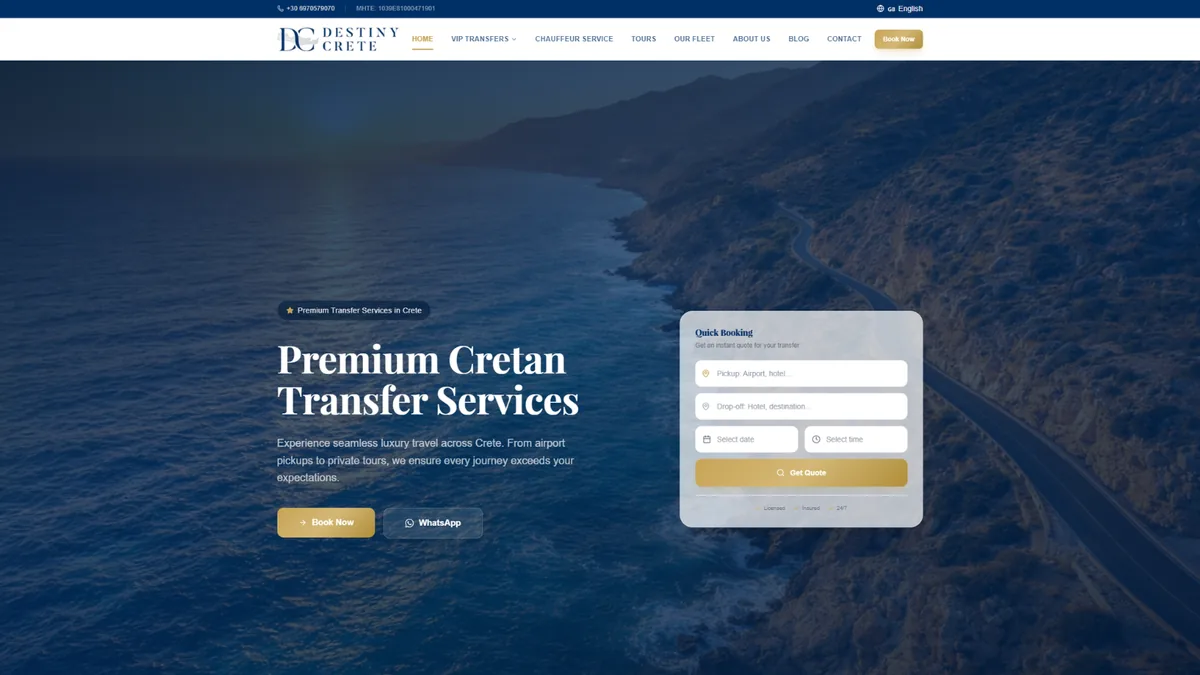 Στιγμιότυπο website Destiny Crete — μεταφορές και τουρισμός στην Κρήτη